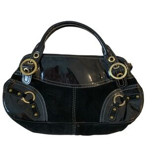 Rafe New York Black Suede Patent Leather  Handbag Brass Buckles Purse EUC